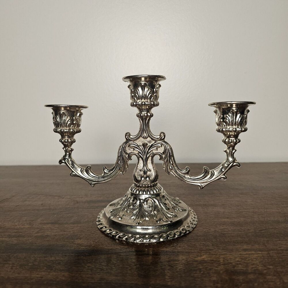 Vintage Silver-Plated Baroque Style 3-Arm Candelabra Candle Holder Ornate Decor
